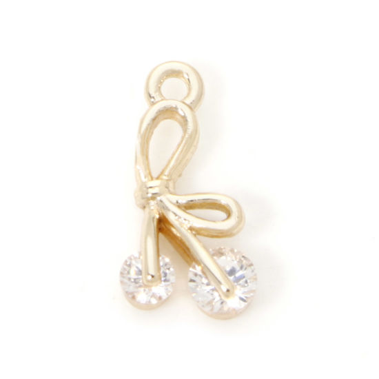 Picture of 2 PCs Eco-friendly Brass Clothes Mini Charm Tiny Charm 18K Real Gold Plated Bowknot Clear Cubic Zirconia 9mm x 5mm