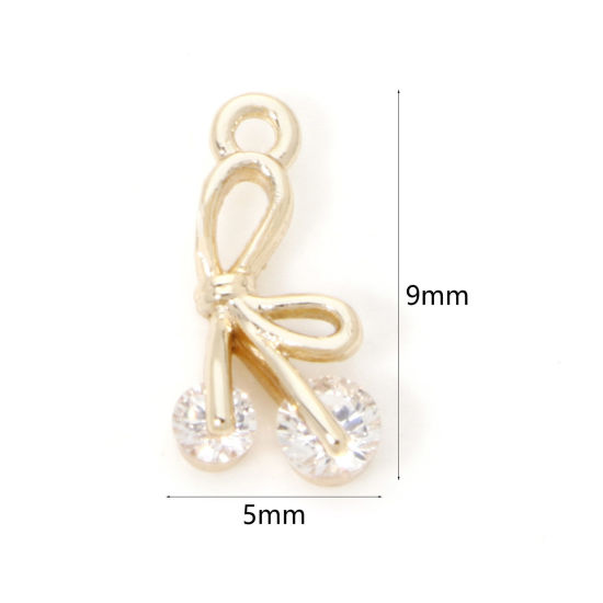 Picture of 2 PCs Eco-friendly Brass Clothes Mini Charm Tiny Charm 18K Real Gold Plated Bowknot Clear Cubic Zirconia 9mm x 5mm