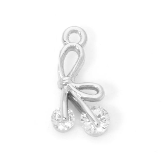 Picture of 2 PCs Eco-friendly Brass Clothes Mini Charm Tiny Charm Real Platinum Plated Bowknot Clear Cubic Zirconia 9mm x 5mm