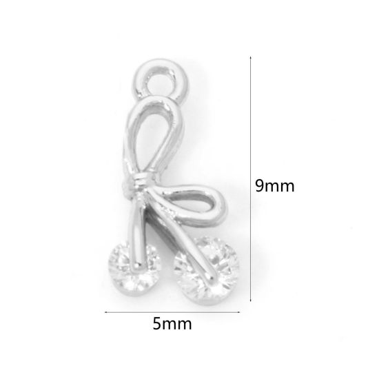 Picture of 2 PCs Eco-friendly Brass Clothes Mini Charm Tiny Charm Real Platinum Plated Bowknot Clear Cubic Zirconia 9mm x 5mm