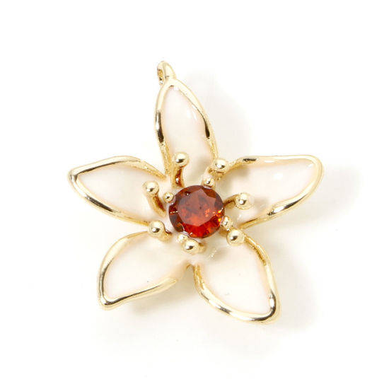 Immagine di 2 Pz Ecologico Ottone Ciondoli Fiore 18K Vero Oro Placcato Bianco Sporco Smalto Rosso Arancione Cubic Zirconiae 18mm x 16mm