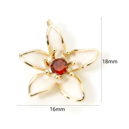 Immagine di 2 Pz Ecologico Ottone Ciondoli Fiore 18K Vero Oro Placcato Bianco Sporco Smalto Rosso Arancione Cubic Zirconiae 18mm x 16mm