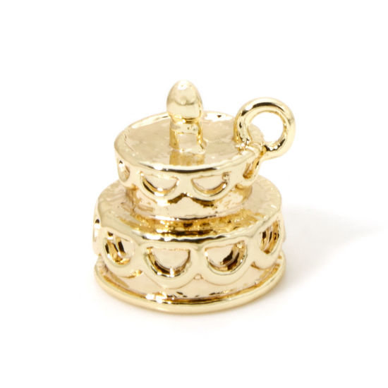 Picture of 2 PCs Eco-friendly Brass Mini Charm Tiny Charm 18K Real Gold Plated Cake 3D 9mm x 9mm