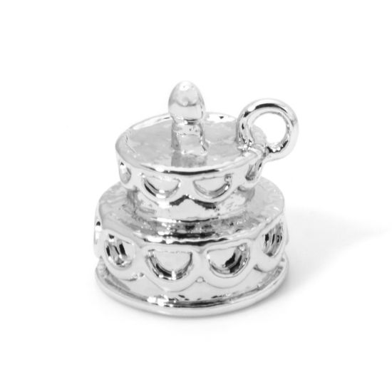 Picture of 2 PCs Eco-friendly Brass Mini Charm Tiny Charm Real Platinum Plated Cake 3D 9mm x 9mm