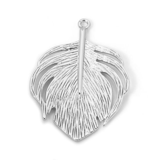 Picture of 2 PCs Eco-friendly Brass Pendants Real Platinum Plated Feather 3.3cm x 2.4cm