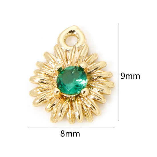 Immagine di 5 Pz Ecologico Ottone Ciondoli Fiore Margherita 18K Vero Oro Placcato Verde Cubic Zirconiae 9mm x 8mm