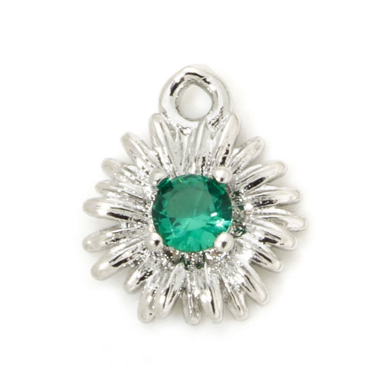 Immagine di 5 Pz Ecologico Ottone Ciondoli Fiore Margherita Vero Platino Placcato Verde Cubic Zirconiae 9mm x 8mm