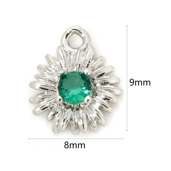 Immagine di 5 Pz Ecologico Ottone Ciondoli Fiore Margherita Vero Platino Placcato Verde Cubic Zirconiae 9mm x 8mm