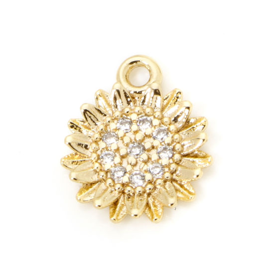 Image de 2 Pcs Breloques en Laiton Respectueux de la Nature Marguerite Plaqué Or Véritable 18K à Zircone Cubique Clair 12mm x 10mm