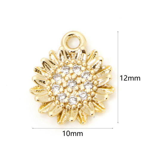 Image de 2 Pcs Breloques en Laiton Respectueux de la Nature Marguerite Plaqué Or Véritable 18K à Zircone Cubique Clair 12mm x 10mm
