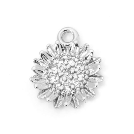 Image de 2 Pcs Breloques en Laiton Respectueux de la Nature Marguerite Plaqué Platine Véritable à Zircone Cubique Clair 12mm x 10mm