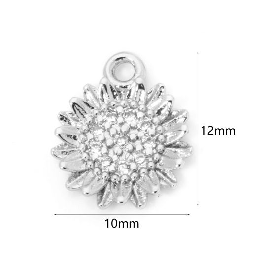 Image de 2 Pcs Breloques en Laiton Respectueux de la Nature Marguerite Plaqué Platine Véritable à Zircone Cubique Clair 12mm x 10mm