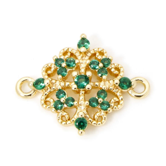 Immagine di 2 Pz Ecologico Ottone Stile del Carattere della Corte Reale Pendenti Charms Connettori Accessori Rombo Pizzo Disegno 18K Vero Oro Placcato Filigrana Verde Cubic Zirconiae 16mm x 13mm