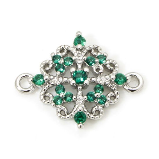 Immagine di 2 Pz Ecologico Ottone Stile del Carattere della Corte Reale Pendenti Charms Connettori Accessori Rombo Pizzo Disegno Platino Placcato Filigrana Verde Cubic Zirconiae 16mm x 13mm