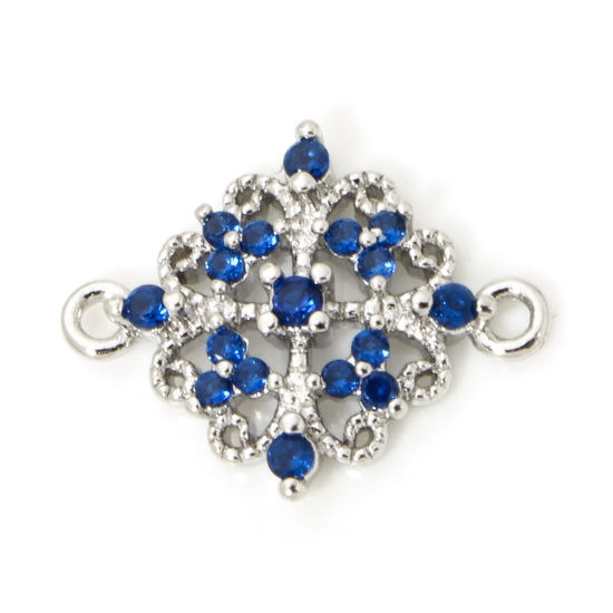 Immagine di 2 Pz Ecologico Ottone Stile del Carattere della Corte Reale Pendenti Charms Connettori Accessori Rombo Pizzo Disegno Platino Placcato Filigrana Blu Cubic Zirconiae 16mm x 13mm