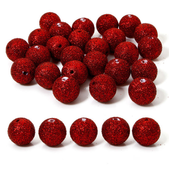 Image de 10 Pcs Perles pour DIY Fabrication de Bijoux en Acrylique Noël Rouge Rond Brillant Paillettes Env. 16mm Dia, Trou: env. 2.2mm