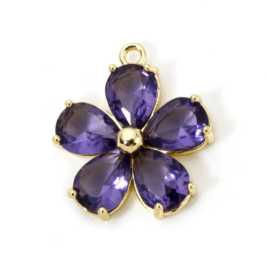 Bild von 1 Stück Messing und Glas Charms 18K Vergoldet Blumen Amethyst Strass 21mm x 18.5mm