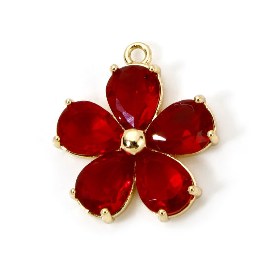 Bild von 1 Stück Messing und Glas Charms 18K Vergoldet Blumen Rot Strass 21mm x 18.5mm