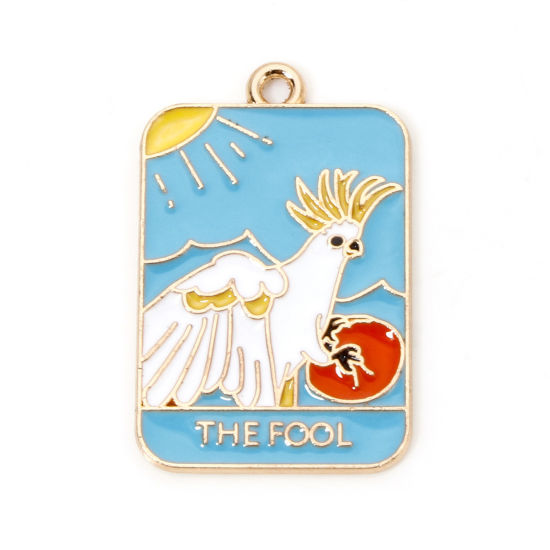 Imagen de 10 Unidades Zamak Tarot Colgantes Chapado en Oro Multicolor Rectángulo Loro Mensaje " THE FOOL " Esmalte 3cm x 1.9cm