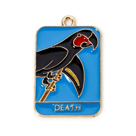 Imagen de 10 Unidades Zamak Tarot Colgantes Chapado en Oro Multicolor Rectángulo Loro Mensaje " DEATH " Esmalte 3cm x 1.9cm