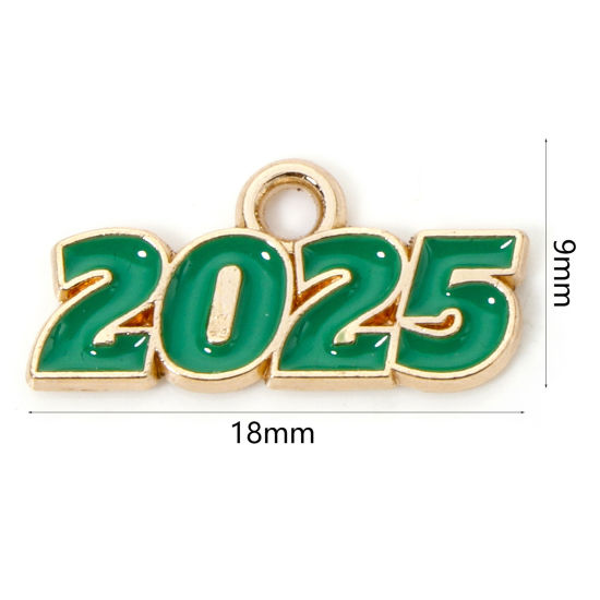 Image de 50 Pcs Breloques Année en Alliage de Zinc Doré Vert Mots " 2025 " Émail 18mm x 9mm