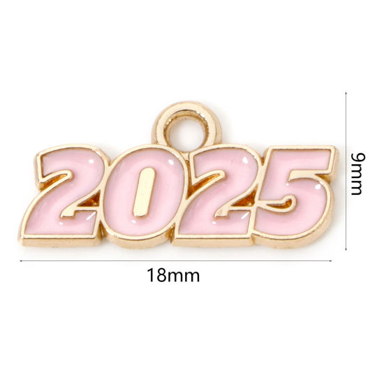 Image de 50 Pcs Breloques Année en Alliage de Zinc Doré Rose Mots " 2025 " Émail 18mm x 9mm