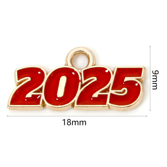 Image de 50 Pcs Breloques Année en Alliage de Zinc Doré Rouge Mots " 2025 " Émail 18mm x 9mm