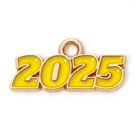 Image de 50 Pcs Breloques Année en Alliage de Zinc Doré Jaune Mots " 2025 " Émail 18mm x 9mm