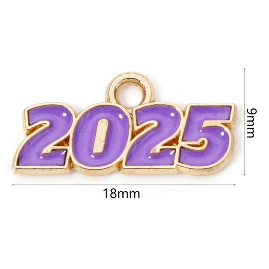 Image de 50 Pcs Breloques Année en Alliage de Zinc Doré Violet Mots " 2025 " Émail 18mm x 9mm