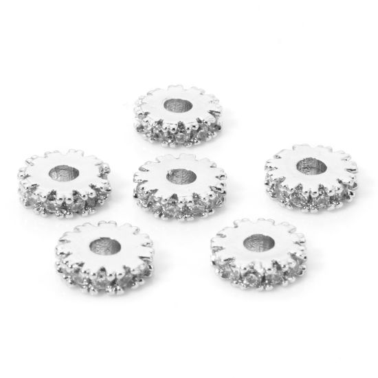 Picture of 2 PCs Brass Spacer Beads For DIY Bracelet Jewelry Making Findings Platinum Plated Flat Round Gear Clear Cubic Zirconia About 6mm Dia., Hole: Approx 1.6mm