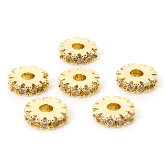 Picture of 2 PCs Brass Spacer Beads For DIY Bracelet Jewelry Making Findings 18K Gold Plated Flat Round Gear Clear Cubic Zirconia About 6mm Dia., Hole: Approx 1.6mm