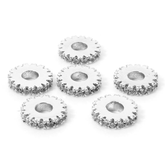 Picture of 2 PCs Brass Spacer Beads For DIY Bracelet Jewelry Making Findings Platinum Plated Flat Round Gear Clear Cubic Zirconia About 8mm Dia., Hole: Approx 2.6mm