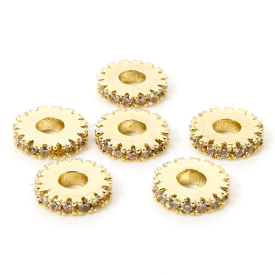 Picture of 2 PCs Brass Spacer Beads For DIY Bracelet Jewelry Making Findings 18K Gold Plated Flat Round Gear Clear Cubic Zirconia About 8mm Dia., Hole: Approx 2.6mm