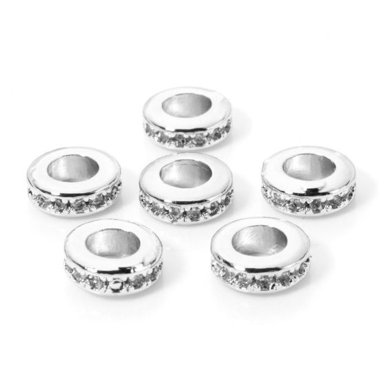 Picture of 2 PCs Brass Spacer Beads For DIY Bracelet Jewelry Making Findings Platinum Plated Flat Round Clear Cubic Zirconia About 8mm Dia., Hole: Approx 4mm