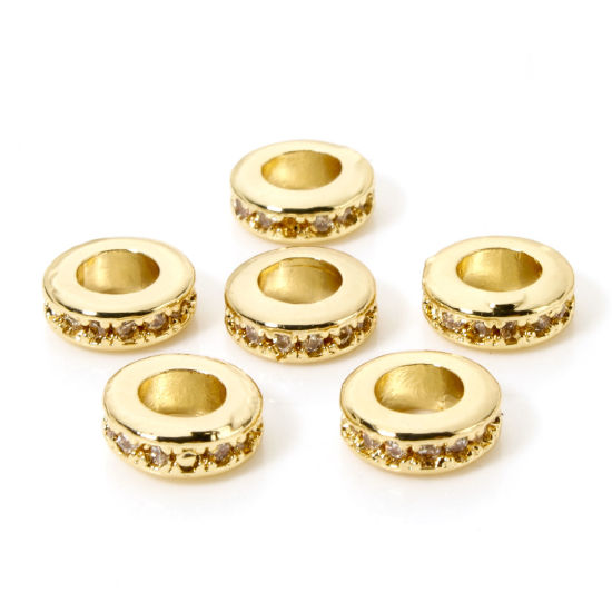 Picture of 2 PCs Brass Spacer Beads For DIY Bracelet Jewelry Making Findings 18K Gold Plated Flat Round Clear Cubic Zirconia About 8mm Dia., Hole: Approx 4mm