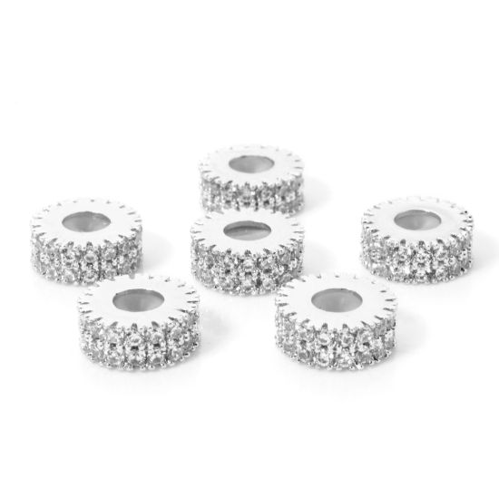 Picture of 1 Piece Brass Spacer Beads For DIY Bracelet Jewelry Making Findings Platinum Plated Flat Round Gear Clear Cubic Zirconia About 9.5mm Dia., Hole: Approx 1.4mm