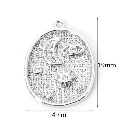 Picture of 2 PCs Brass Galaxy Charms Platinum Plated Half Moon Star Clear Cubic Zirconia 19mm x 14mm