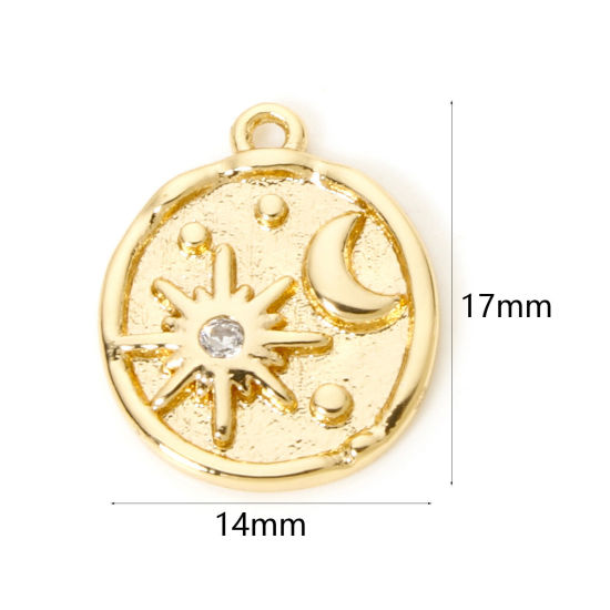 Image de 2 Pcs Breloques Galaxie en Laiton Soleil Plaqué Or 18K Lune à Zircone Cubique Clair 17mm x 14mm