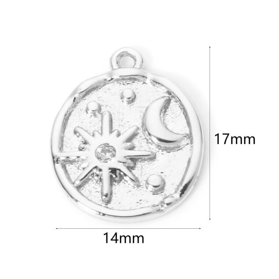 Picture of 2 PCs Brass Galaxy Charms Platinum Plated Sun Moon Clear Cubic Zirconia 17mm x 14mm