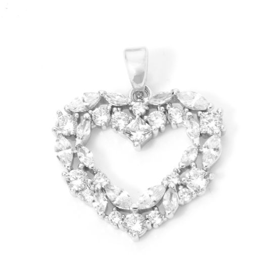 Immagine di 1 Pz Ottone San Valentino Ciondoli Pendenti Vero Platino Placcato Cuore Filigrana Trasparente Cubic Zirconiae 24mm x 19.5mm