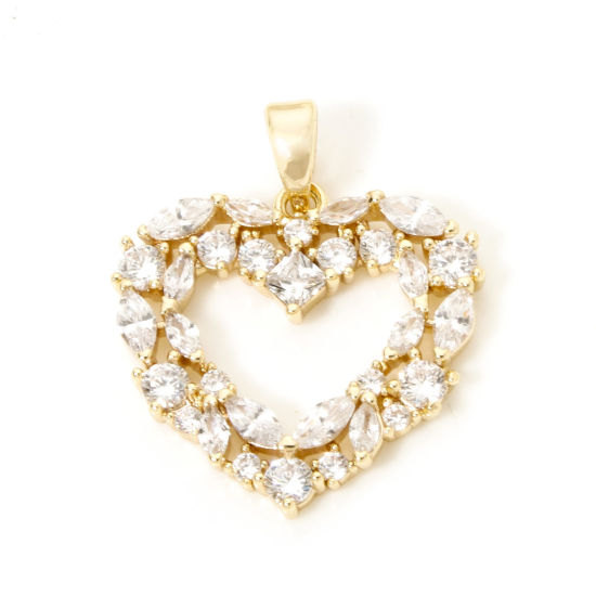 Immagine di 1 Pz Ottone San Valentino Ciondoli Pendenti 18K Vero Oro Placcato Cuore Filigrana Trasparente Cubic Zirconiae 24mm x 19.5mm