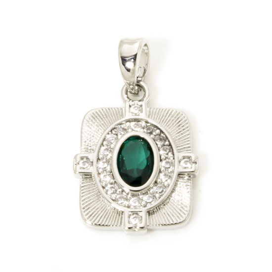 Immagine di 2 Pz Ottone Retrò Ciondoli Pendenti Vero Platino Placcato Rettangolo Struttura Micro Spianare Verde Strass Trasparente Cubic Zirconiae 22mm x 13mm