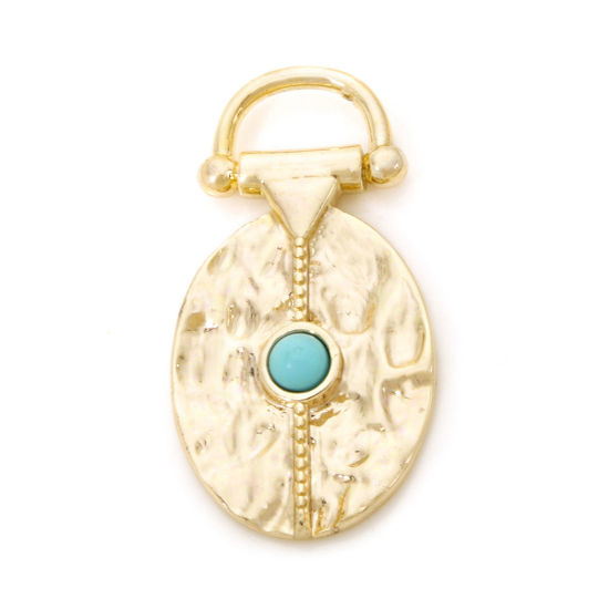 Picture of 2 PCs Brass Boho Chic Bohemia Charms 18K Gold Plated Irregular Texture With Resin Cabochons Imitation Turquoise 25mm x 13mm