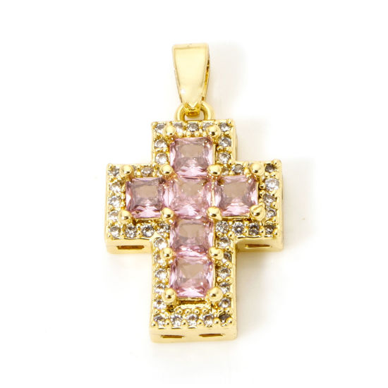 Immagine di 1 Pz Ottone Religione Ciondoli Pendenti 18K Vero Oro Placcato Croce Micro Spianare Roso Strass Trasparente Cubic Zirconiae 23mm x 13mm
