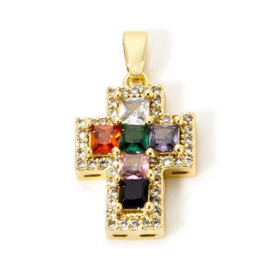 Immagine di 1 Pz Ottone Religione Ciondoli Pendenti 18K Vero Oro Placcato Croce Micro Spianare Multicolore Strass Trasparente Cubic Zirconiae 23mm x 13mm