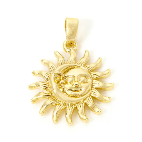 Image de 2 Pcs Pendentif Breloque Galaxie en Laiton Plaqué Or Véritable 18K Demi Lune Soleil avec Visage 24mm x 17mm