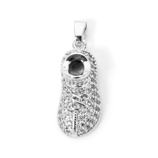 Picture of 1 Piece Brass Micro Pave Charm Pendant Platinum Plated Shoes 3D Clear Cubic Zirconia 26mm x 9mm