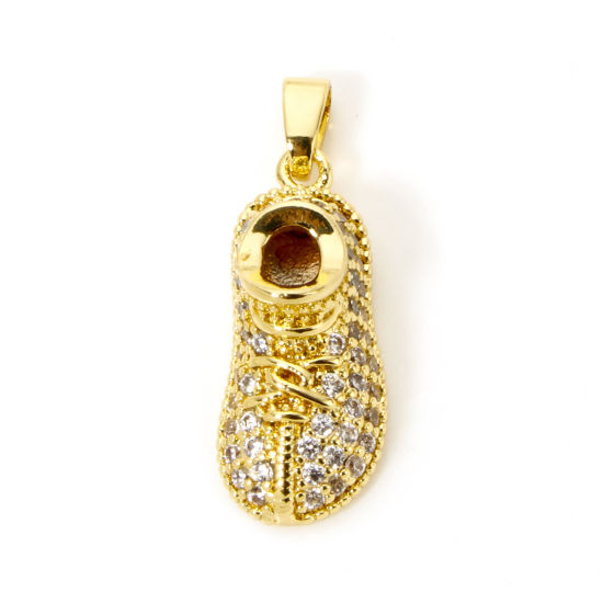 Picture of 1 Piece Brass Micro Pave Charm Pendant 18K Gold Plated Shoes 3D Clear Cubic Zirconia 26mm x 9mm