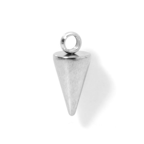 Picture of 10 PCs Eco-friendly 304 Stainless Steel Geometric Charms Silver Tone Cone 3D 13mm x 6mm