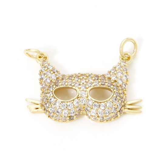 Picture of 1 Piece Eco-friendly Brass Micro Pave Charms 18K Real Gold Plated Mask Cat Clear Cubic Zirconia 25mm x 20mm